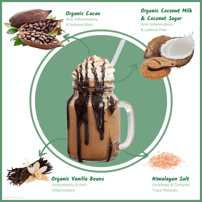 Vegan frozen hot cocoa mix by Bare Life with organic ingredients, dairy-free, gluten-free, and suitable for hot chocolate drinks.