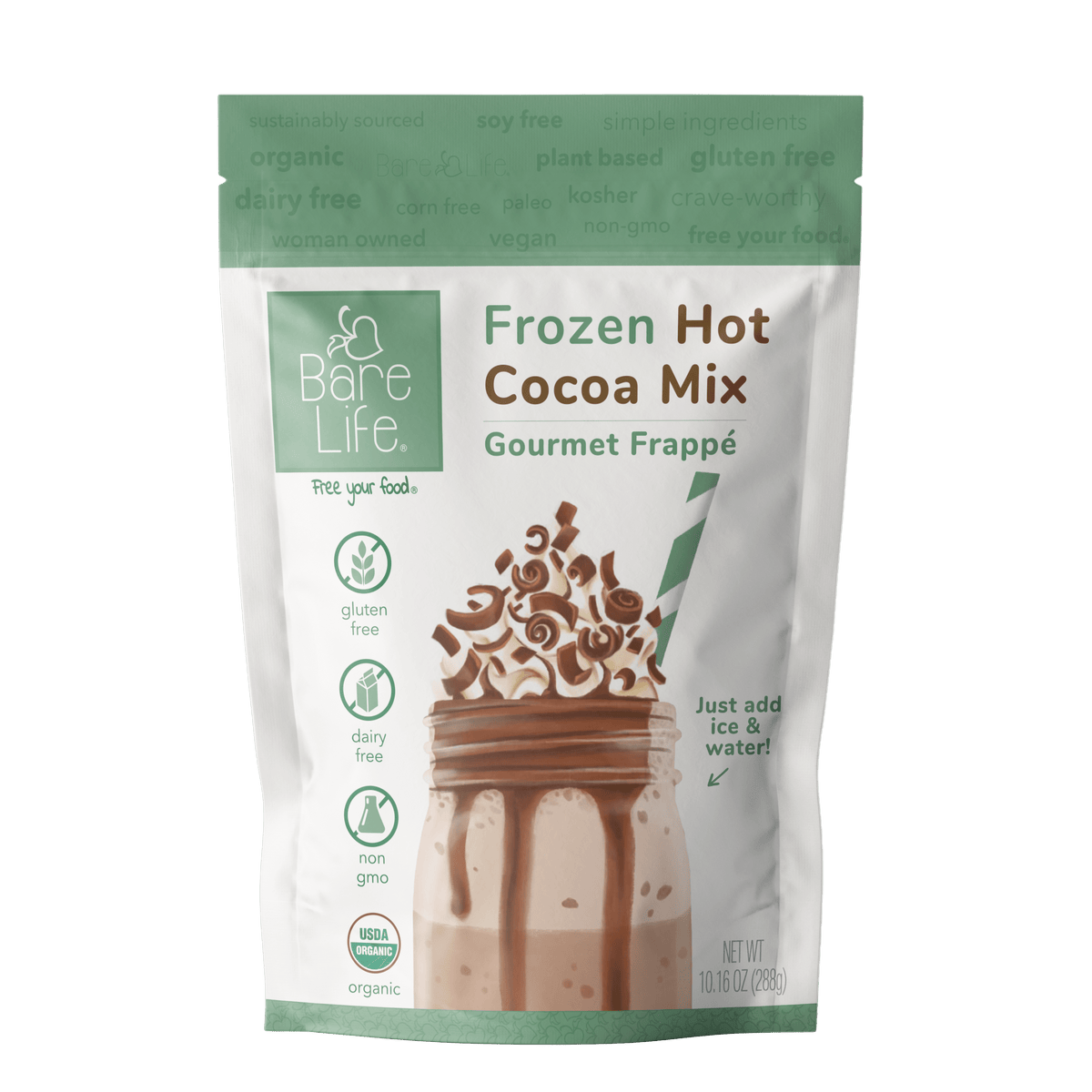 Bare Life dairy-free frozen hot cocoa mix in a glass, showing creamy, rich hot chocolate with a vegan, organic, gluten-free label.