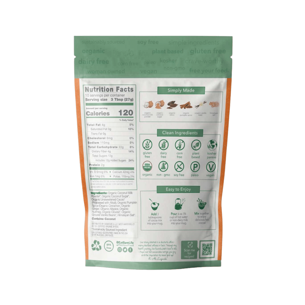 Bare Life Dairy Free Pumpkin Spice Hot Cocoa Mix package back, showing ingredients and nutrition facts