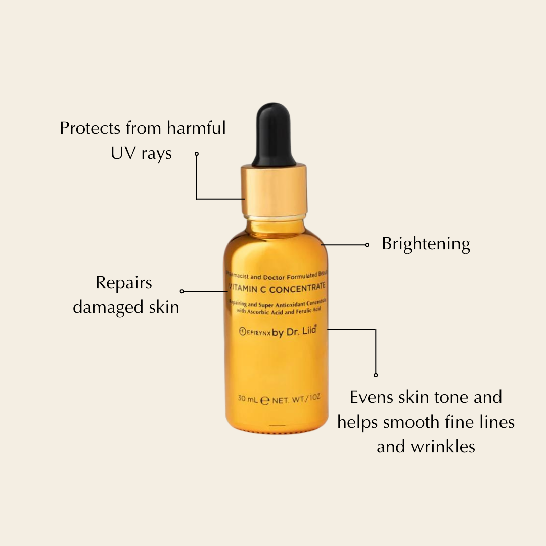 EpiLynx Brightening Vitamin C Glow Serum for sensitive, dry skin, featuring clear glass bottle with dropper and vibrant orange accents.