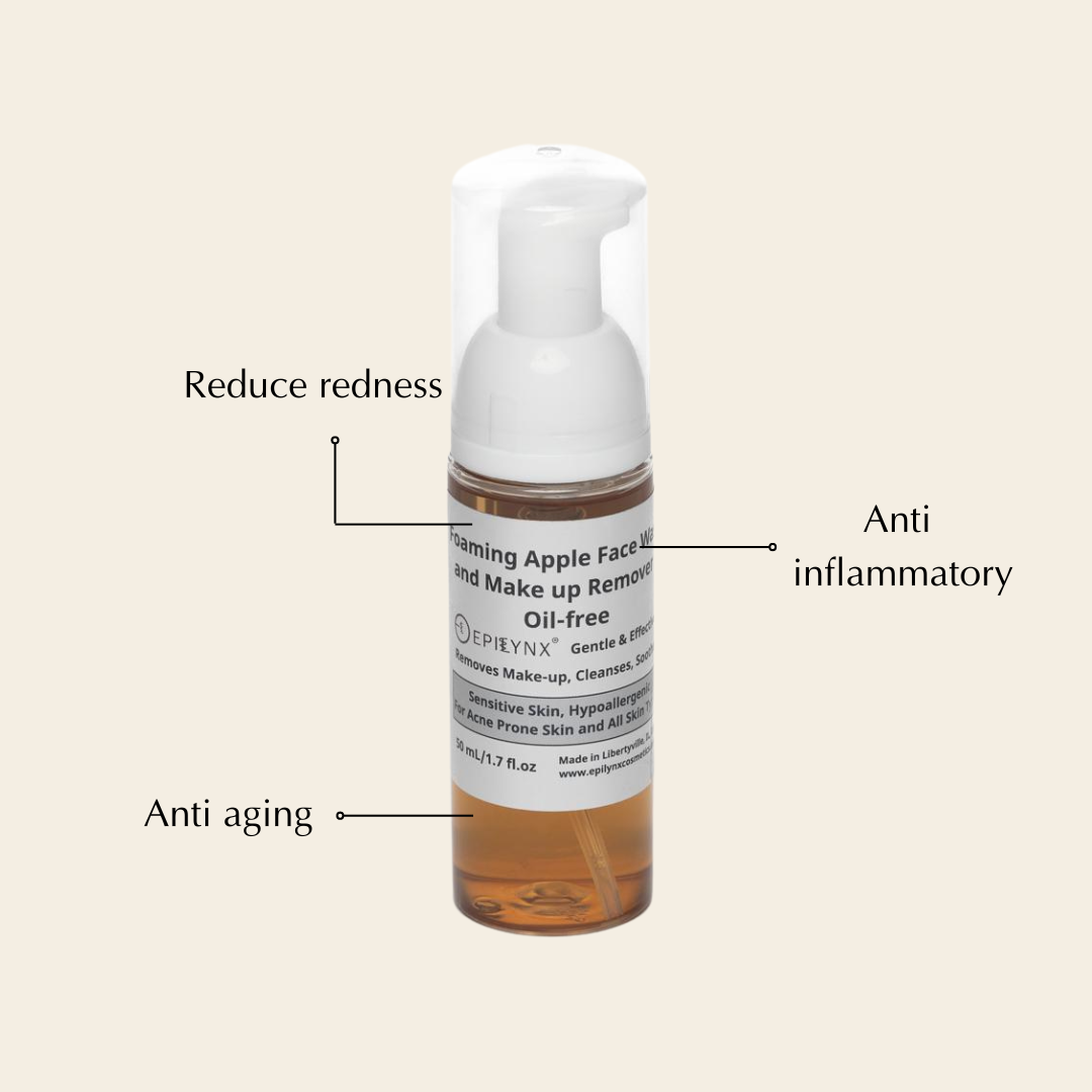 EpiLynx Gentle Foaming Facial Cleanser with aloe, apple, and ashwagandha, suitable for all skin types, shown in the image.