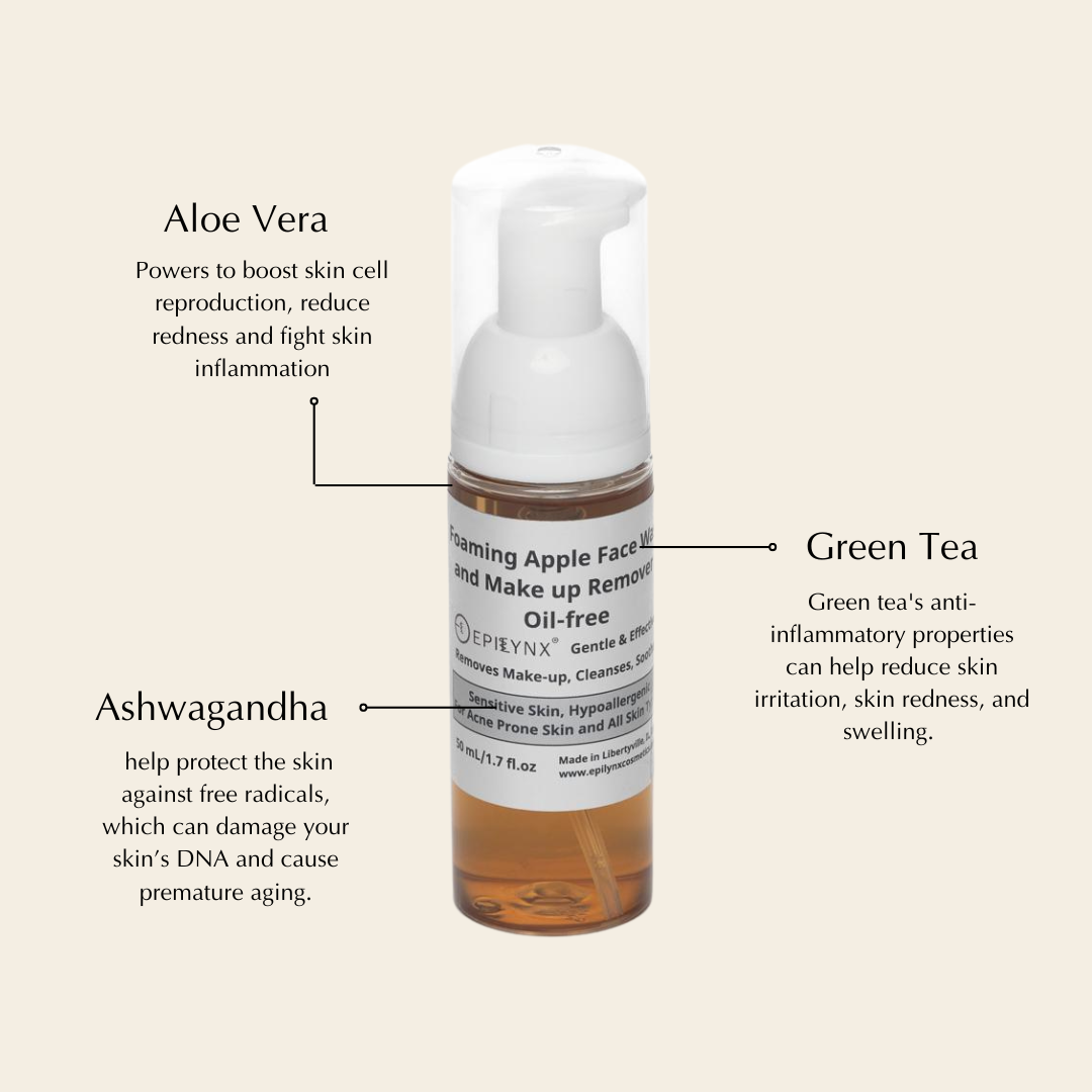 EpiLynx Gentle Foaming Facial Cleanser with aloe, apple, and ashwagandha for all skin types, showing the foam and ingredients.