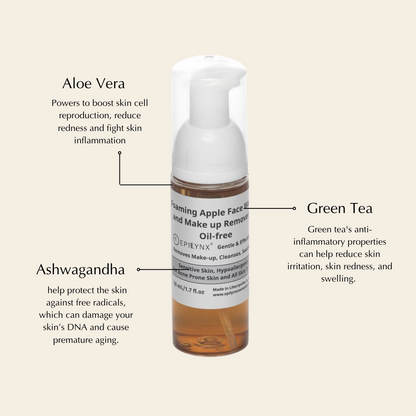 EpiLynx Gentle Foaming Facial Cleanser with aloe, apple, and ashwagandha for all skin types, showing the foam and ingredients.