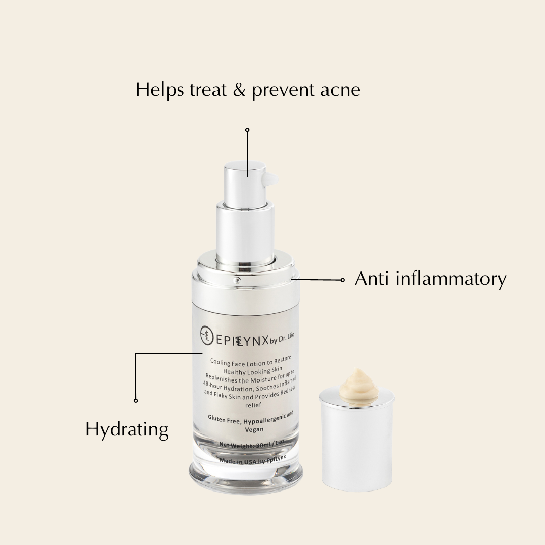 EpiLynx lightweight face serum with calming, hydrating formula for sensitive and dry skin, featuring a smooth, soothing texture.