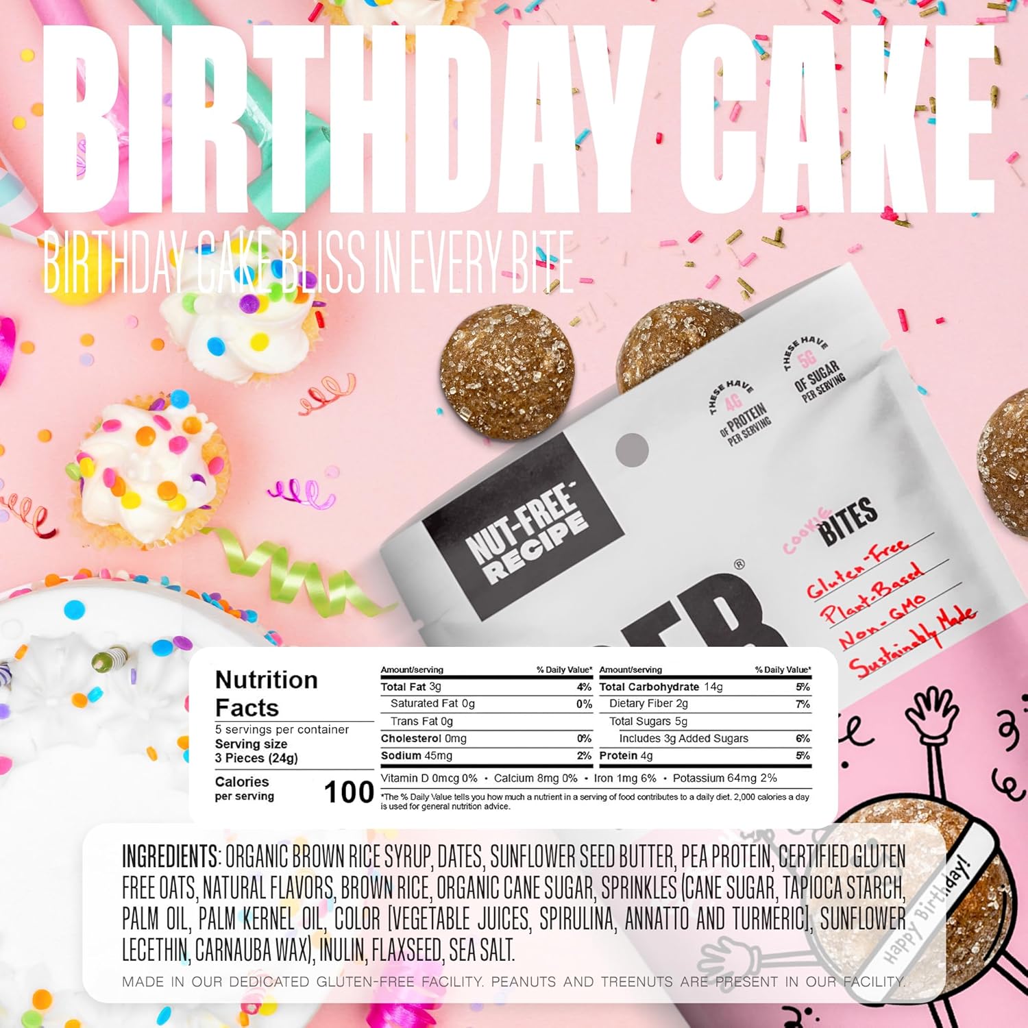 The GFB Cookie Bites NUT FREE Sample Pack with three birthday cake-flavored bites on a plate.