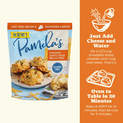 Pamela's Products Drop Biscuit Mix Variety Bundle with cheddar and garlic biscuits in a clear package, ready for baking.
