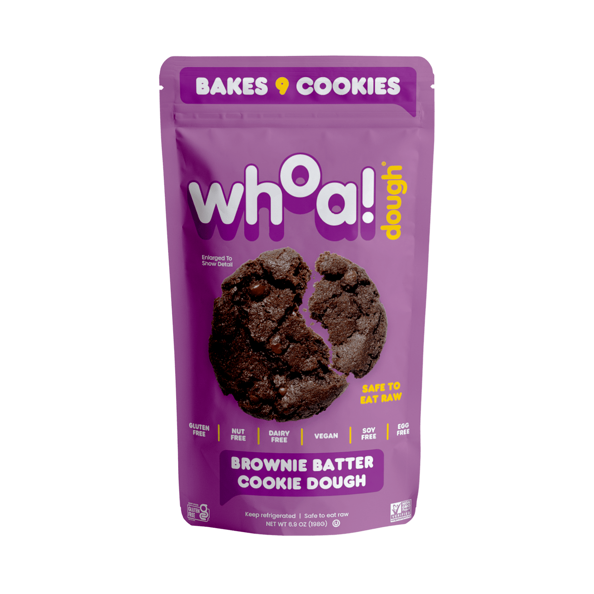 Whoa Dough Ready to Bake brownie batter in a mixing bowl, showing rich chocolate cookie and brownie mix ready for baking.