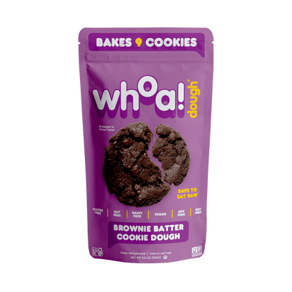 Whoa Dough Ready to Bake brownie batter in a mixing bowl, showing rich chocolate cookie and brownie mix ready for baking.