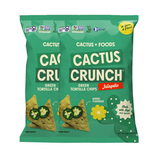 Cactus Foods Cactus Crunch Jalapeño Tortilla Chips in a 4-pack, showing crispy chips with jalapeño seasoning.