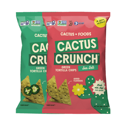 Cactus Crunch Tortilla Chips combo pack by Cactus Foods, showing four bags of crunchy, golden tortilla chips on a white background.