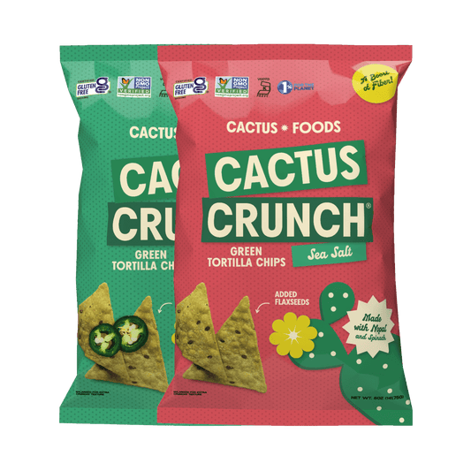 Cactus Crunch Tortilla Chips combo pack by Cactus Foods, showing four bags of crunchy, golden tortilla chips on a white background.