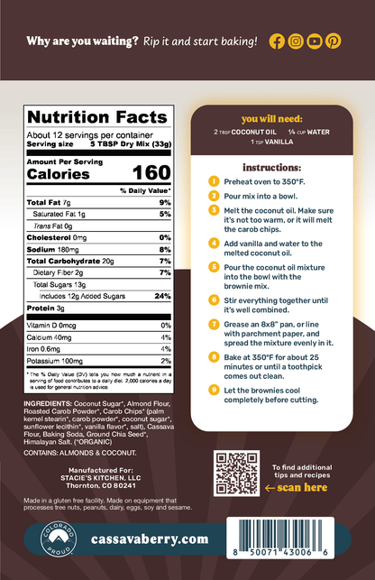 Cassavaberry Carob Brownie Mix, a 3-pack of plant-based, chocolate-free baking mixes with cocoa and flour in colorful packaging.