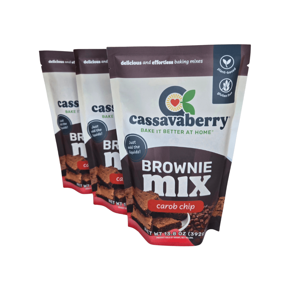Cassavaberry Carob Brownie Mix 3-pack, plant-based, chocolate-free baking mix with rich brown color and packaging details.