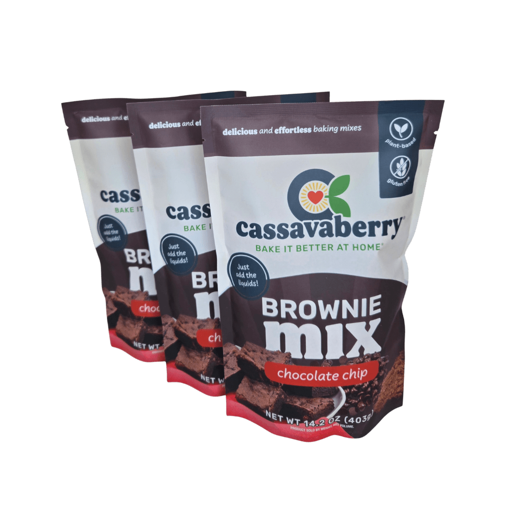 Cassavaberry Chocolate Brownie Mix plant-based baking mix, 3-pack, featuring rich chocolate brownies in a colorful package.