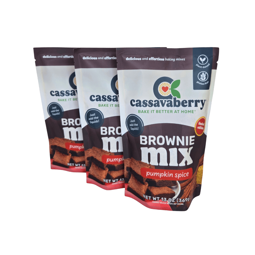 Cassavaberry Pumpkin Spice Brownie Mix plant-based limited edition 3-pack, baking mix with pumpkin spice flavor, in packaging.