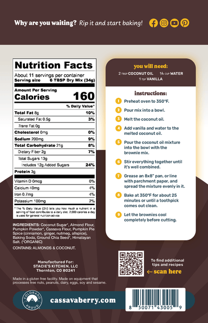 Cassavaberry Pumpkin Spice Brownie Mix plant-based limited edition 3-pack in colorful packaging, ready for baking.