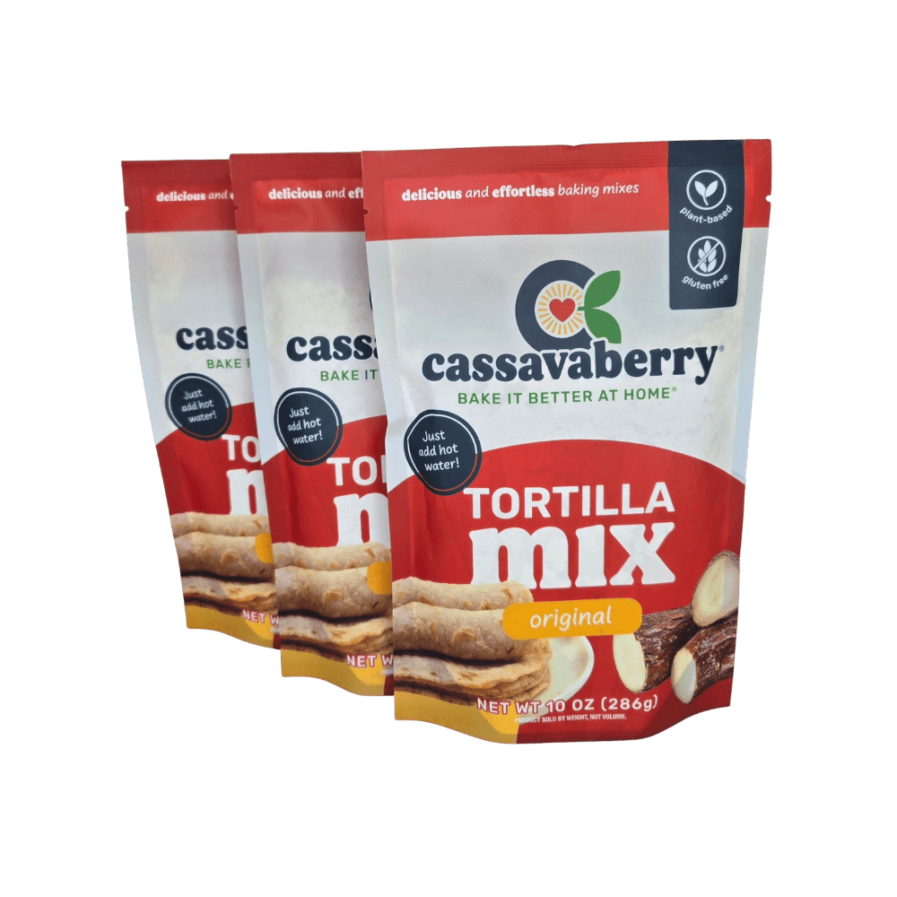 Cassavaberry grain-free tortilla mix in a 3-pack, baking mix for gluten-free, vegan-friendly tortillas with natural ingredients.