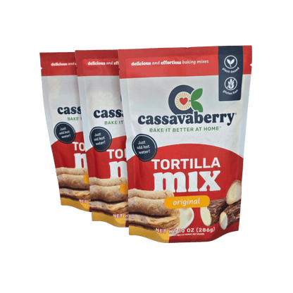 Cassavaberry grain-free tortilla mix in a 3-pack, baking mix for gluten-free, vegan-friendly tortillas with natural ingredients.