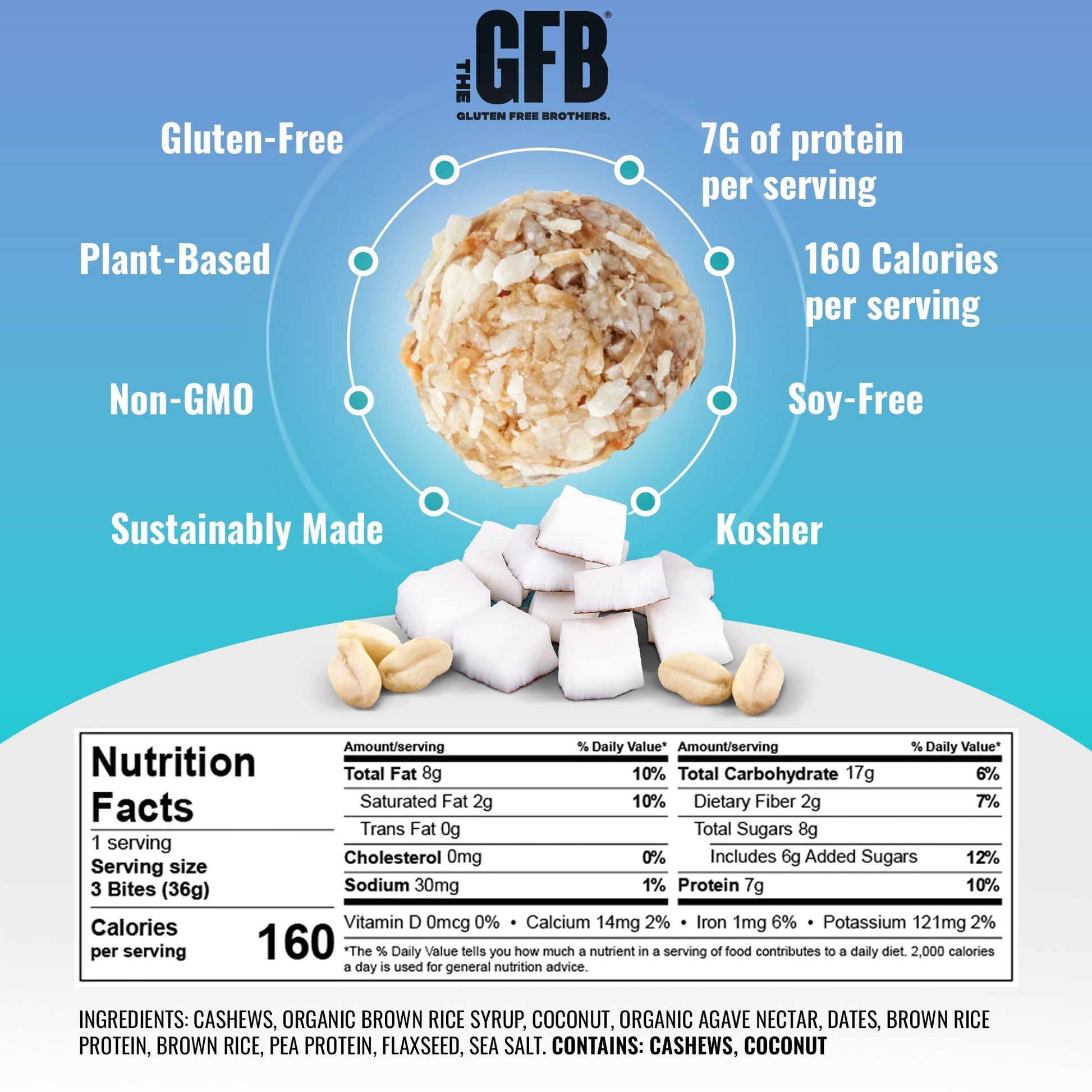 The GFB Coconut Cashew Bites in a clear container, showing bite-sized gluten-free snack bites with coconut and cashew ingredients.