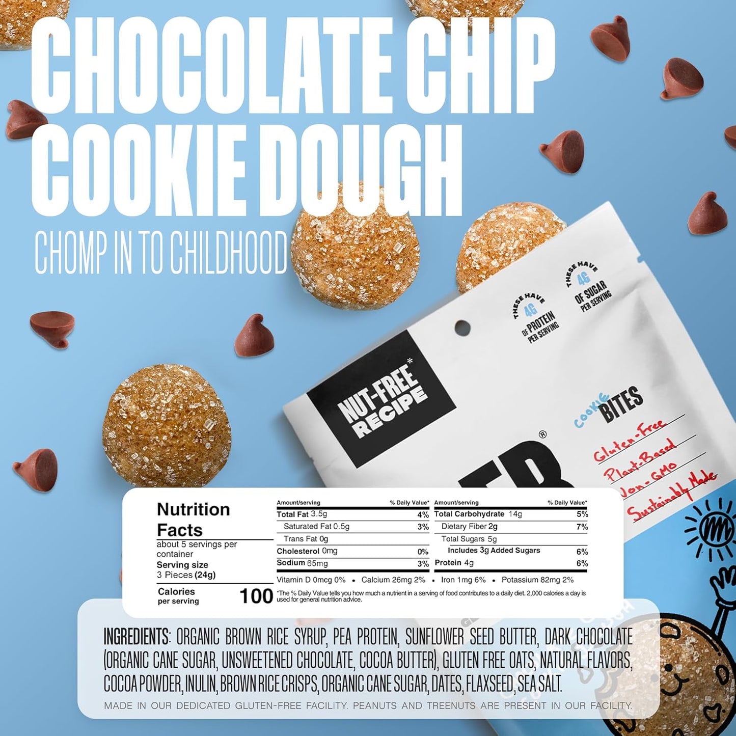 Three GFB Cookie Bites sample pack with nut-free gluten-free snack bites, featuring chocolate and cookie flavor details.