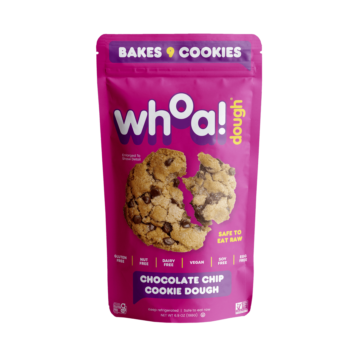 Raw Whoa Dough Chocolate Chip Cookie Dough ready to bake, featuring chocolate chips in a fresh, ready-to-bake cookie dough package.
