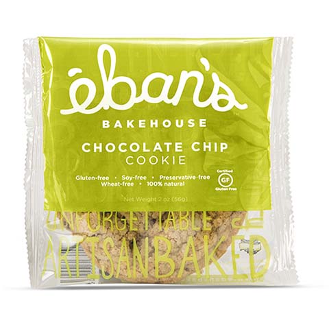 Eban's Bakehouse gluten-free chocolate chip cookie in an individual pack from the 15-pack variety cookie box.