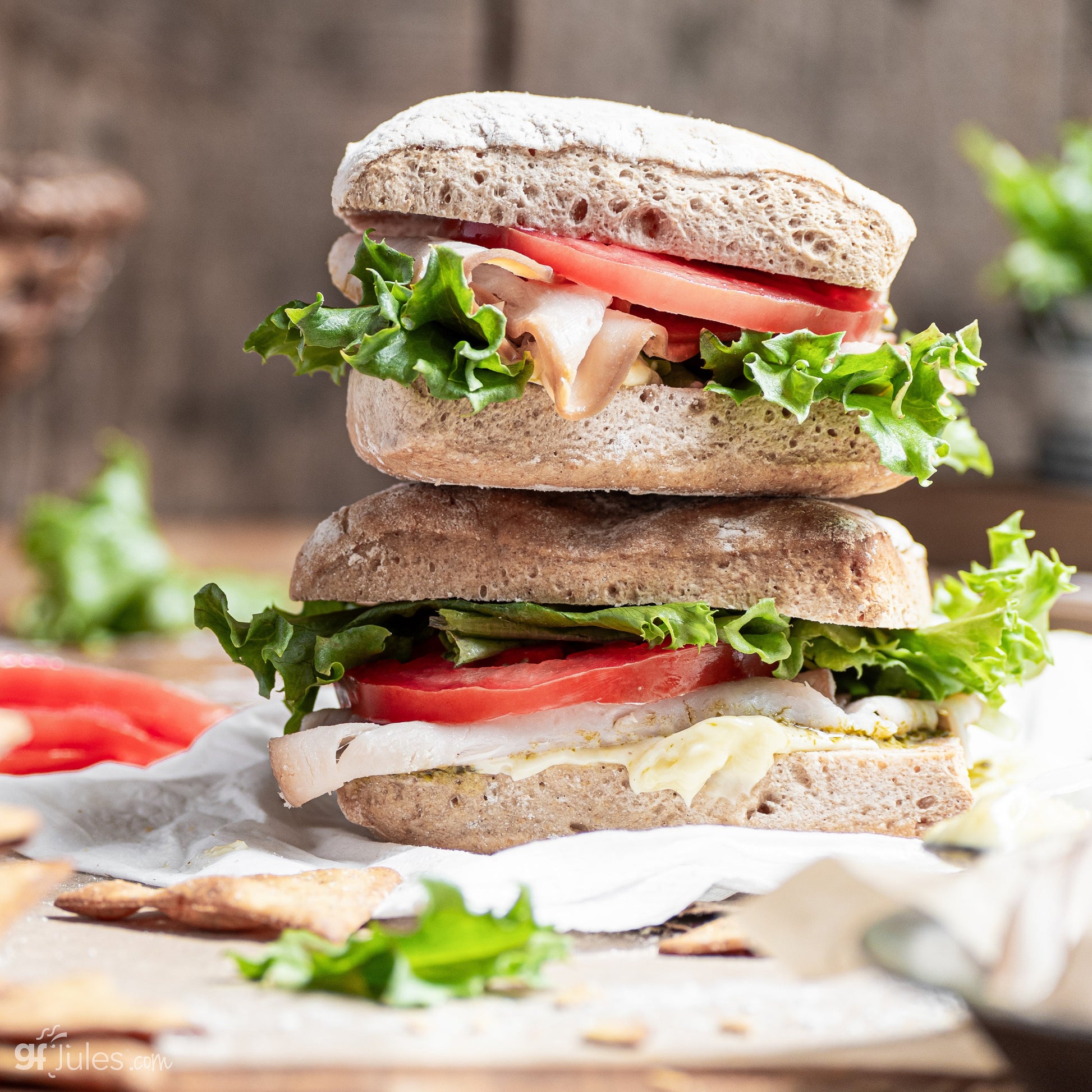 Stacked gluten-free ciabatta bread slices from gfJules gluten free bread mix, showcasing a fresh, airy texture ideal for sandwiches.