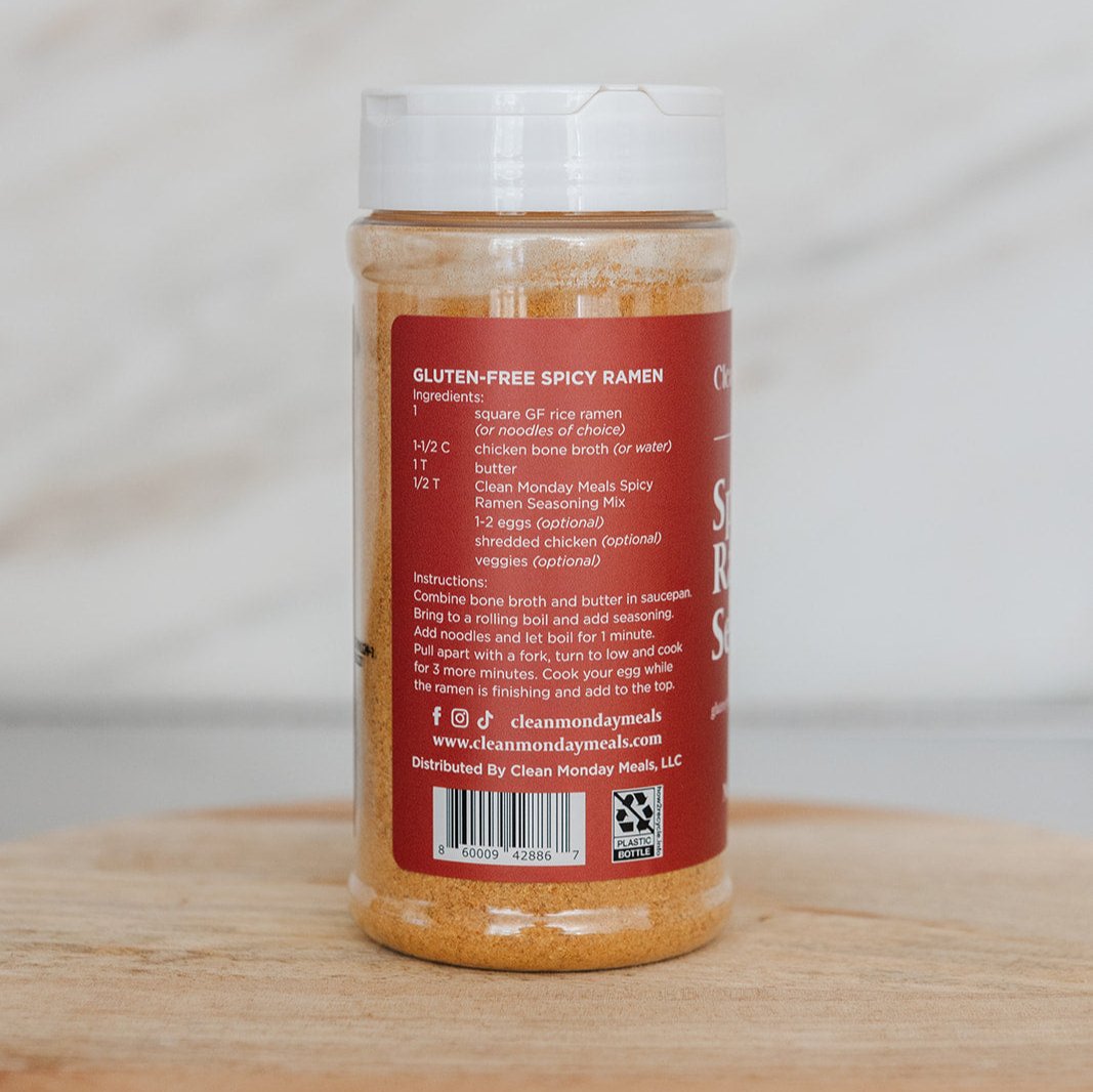 Spicy ramen seasoning packet from Clean Monday Meals with vibrant red and orange packaging, ready for flavorful noodle dishes.