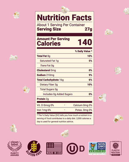 Cob Foods Pink Salt Olive Oil Popped Sorghum in a bowl, showcasing a crunchy snack with pink salt and olive oil flavor.