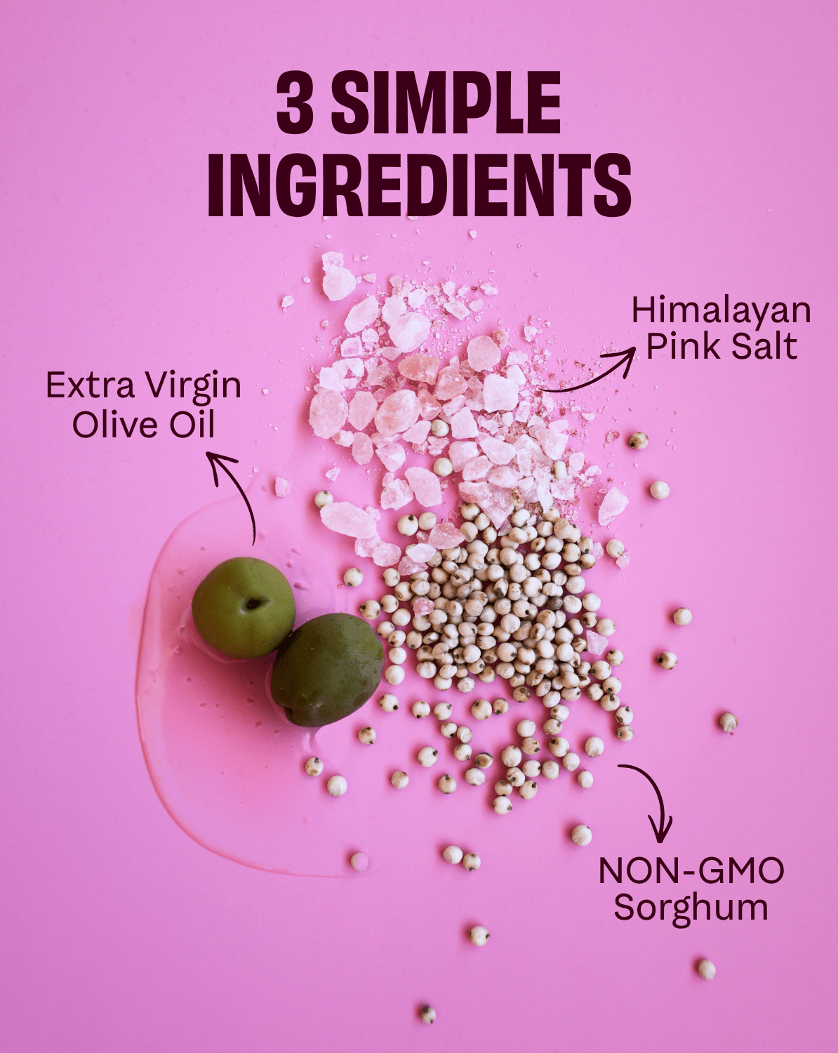 Cob Foods pink salt and olive oil flavored popped sorghum snack in a clear bowl, showcasing its crunchy texture and colorful seasoning.