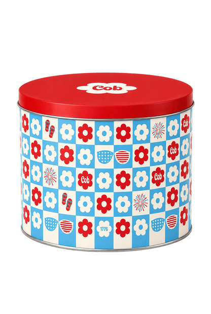Red, white, and cob tin gift box from Cob featuring colorful design and decorative tin packaging for gifts and collectibles.