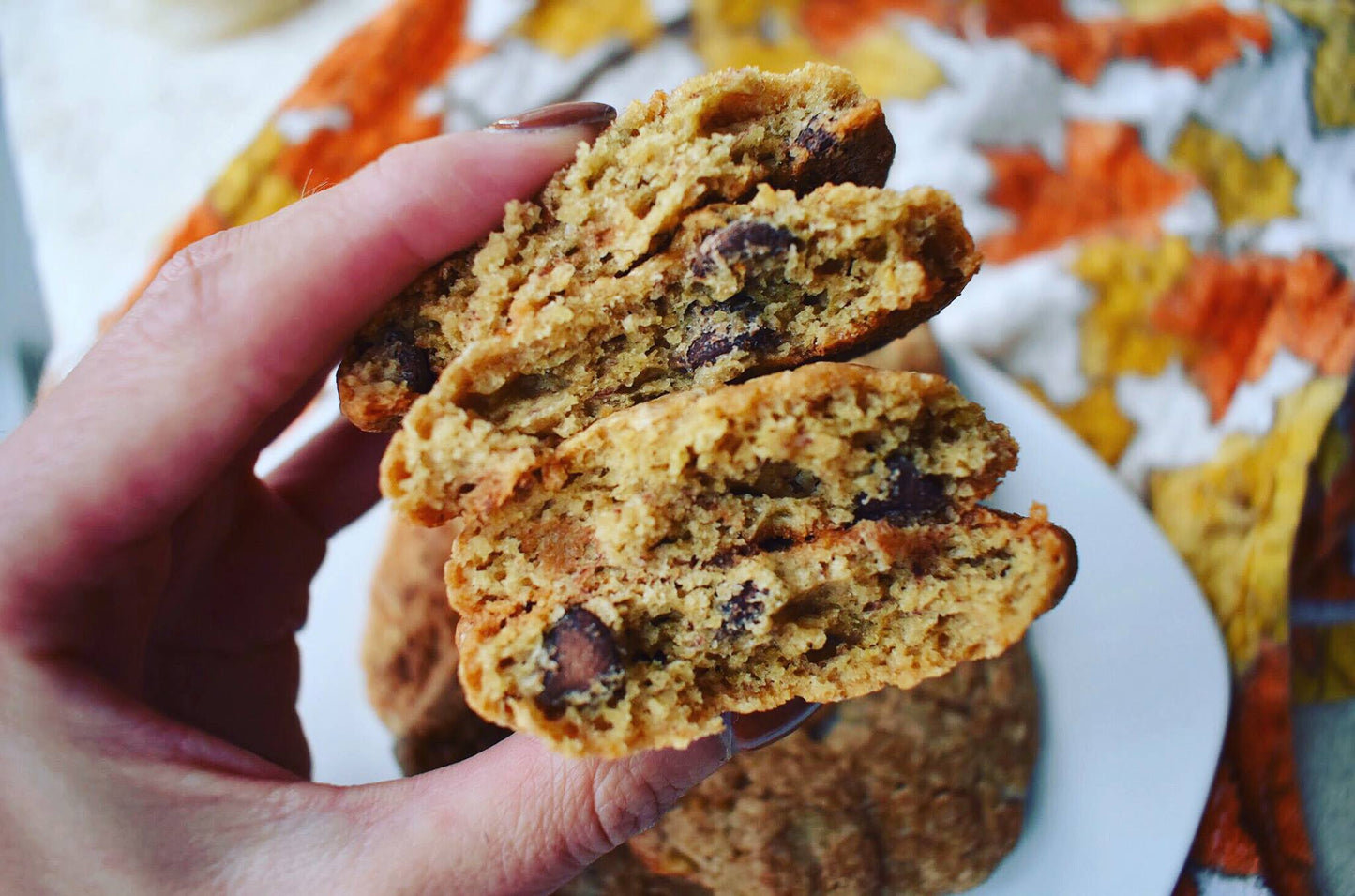 Jessica's Natural Foods chocolate chip cookie mix in a bowl with freshly baked cookies, ready to enjoy.