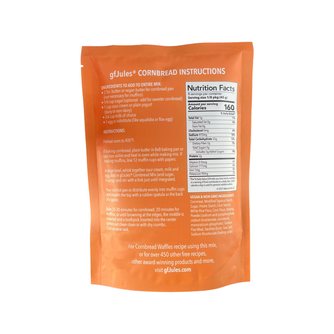 gfJules gluten-free cornbread mix bag with a clear view of the packaging and label on the back.