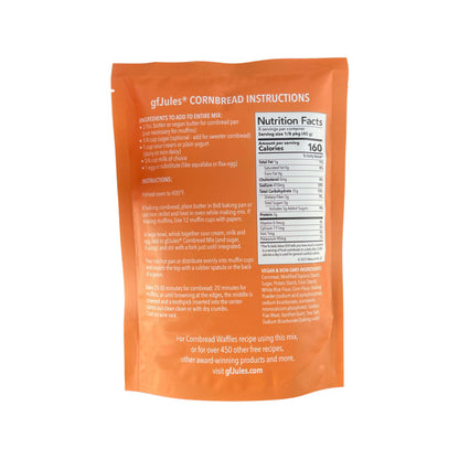 gfJules gluten-free cornbread mix bag with a clear view of the packaging and label on the back.