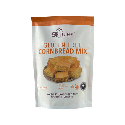 gfJules gluten-free cornbread mix package with front view showing branding and product details.