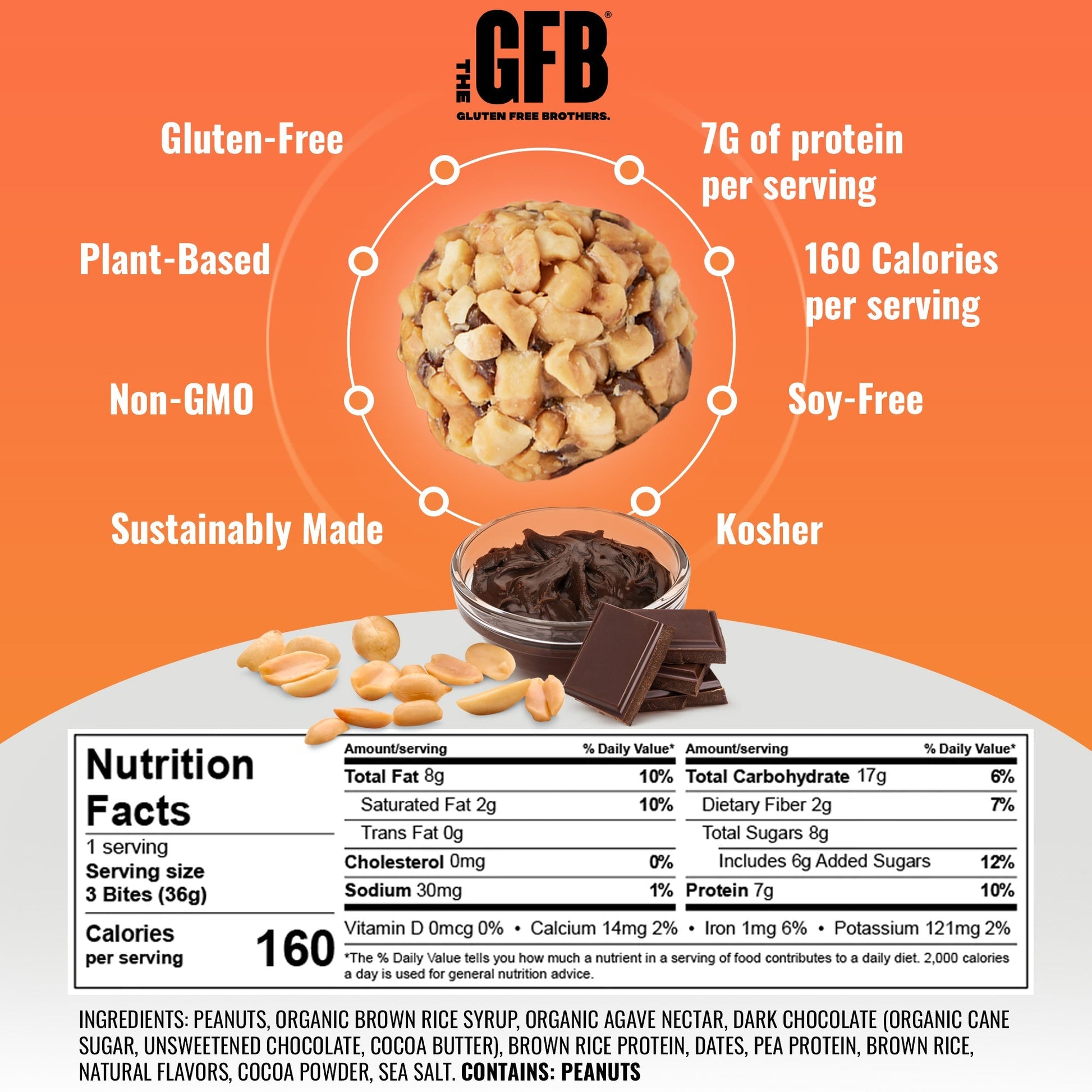 The GFB Dark Chocolate Peanut Butter Bites package showing 10 GFB Bites with dark chocolate coating and peanut butter filling.
