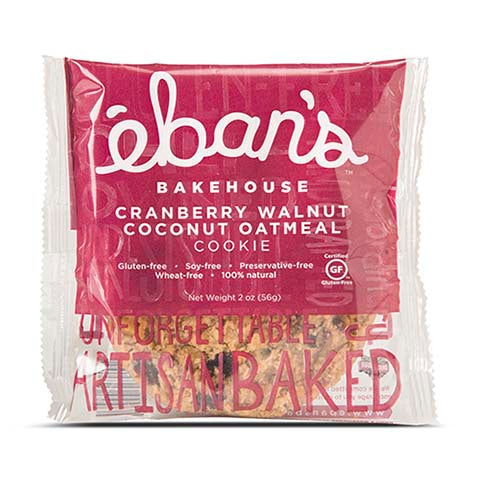 Individual pack of Eban’s Bakehouse gluten-free cookies with cranberry, walnut, coconut, and oatmeal in a colorful packaging.
