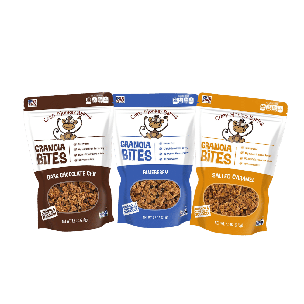 Three bags of Crazy Monkey Granola Bites from Crazy Monkey Baking in a sample bundle, showcasing crunchy, nutty snack bites.