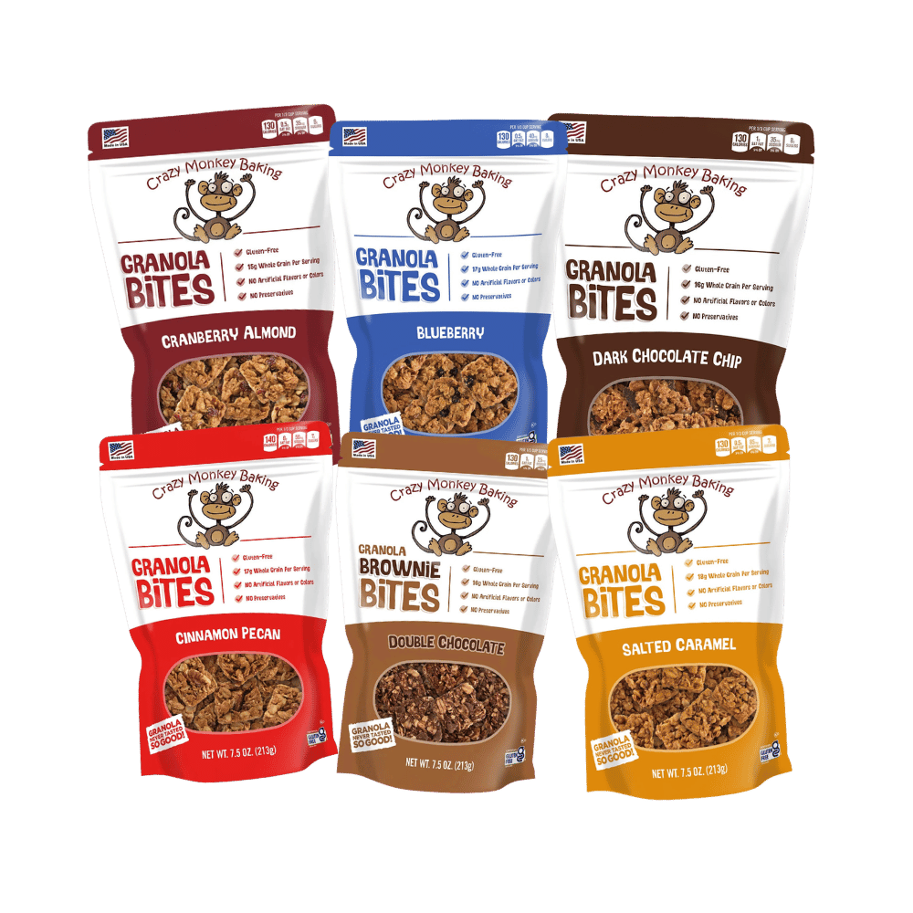 Assorted Crazy Monkey Baking flavor flight with six bags of Crazy Monkey Baking products in colorful packaging.