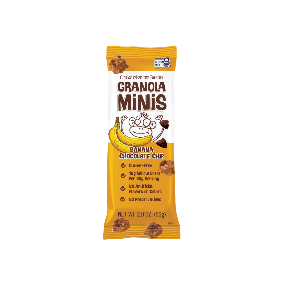 Crazy Monkey Baking banana chocolate chip granola bites, 12-pack of 2 oz bags shown together