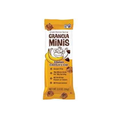 Crazy Monkey Baking banana chocolate chip granola bites, 12-pack of 2 oz bags shown together