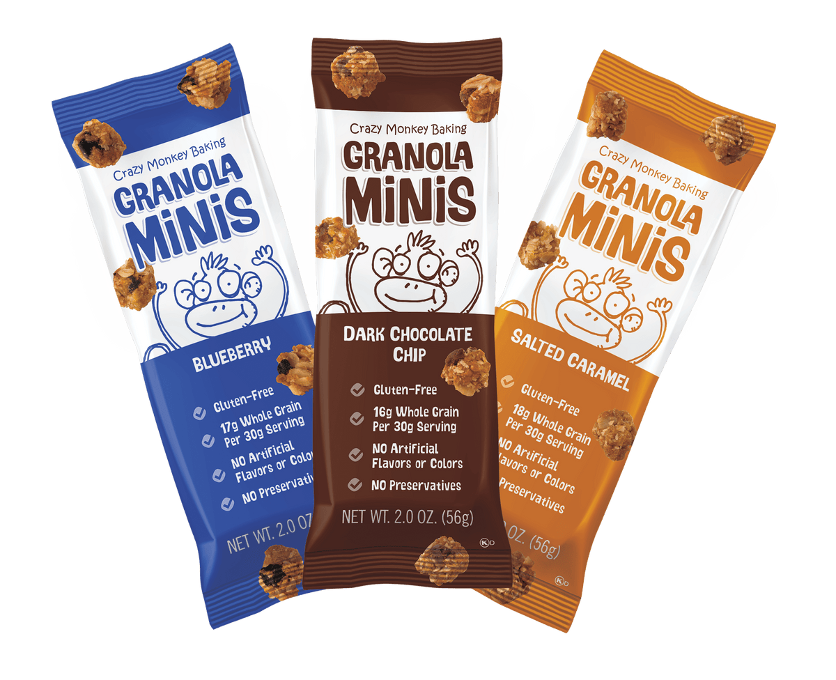 Crazy Monkey Baking Crazy Monkey Grab & Go 12-pack granola boxes with crunchy, nutty granola inside.