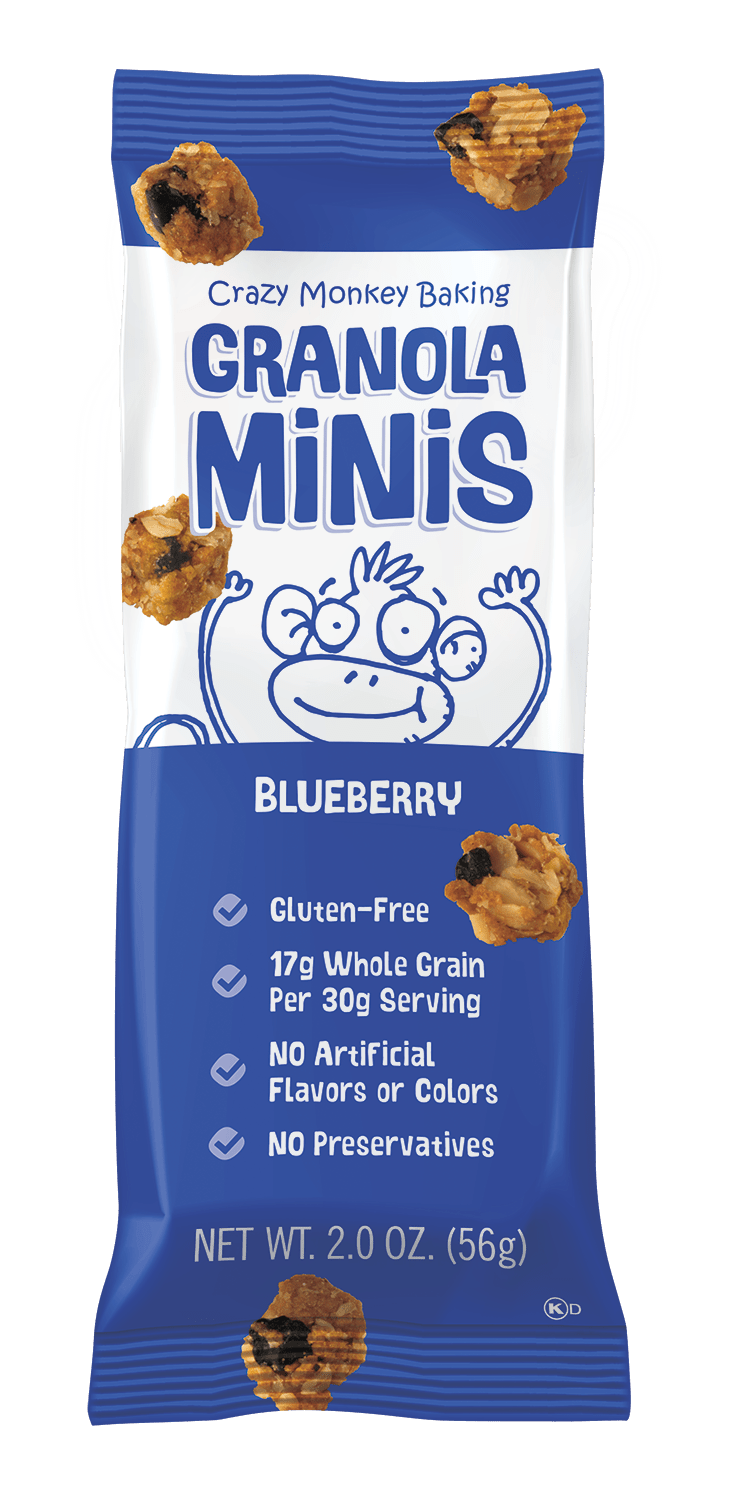 Crazy Monkey Baking Crazy Monkey Grab & Go 12-Pack Granola with blueberry flavor, shown in a resealable package.