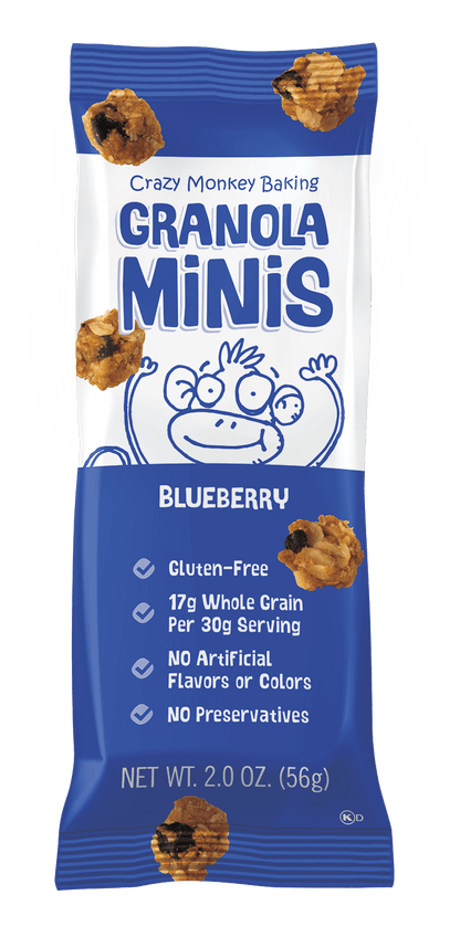 Crazy Monkey Baking Crazy Monkey Grab & Go 12-Pack Granola with blueberry flavor, shown in a resealable package.