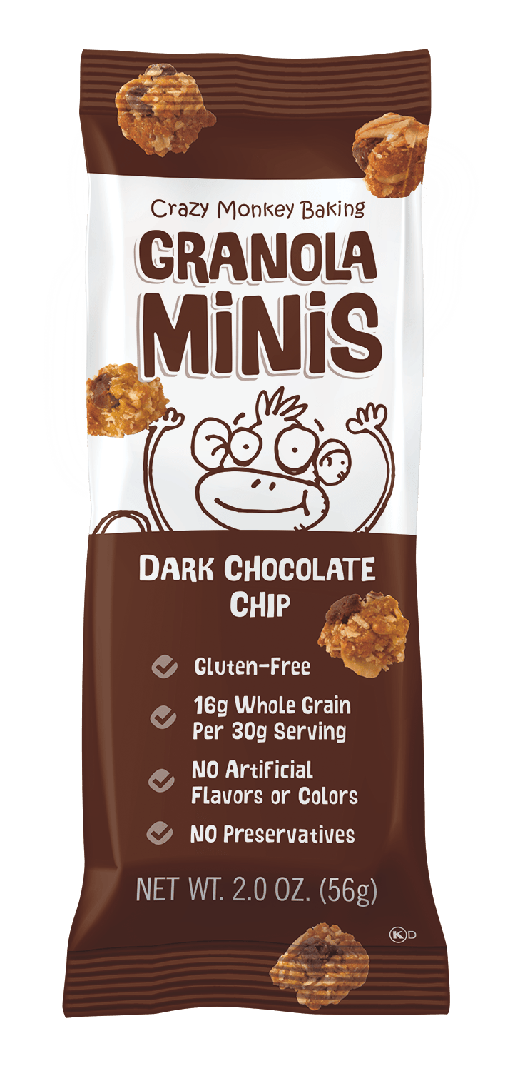 Crazy Monkey Baking Crazy Monkey Grab & Go 12-Pack Granola with dark chocolate chips in a resealable pack.