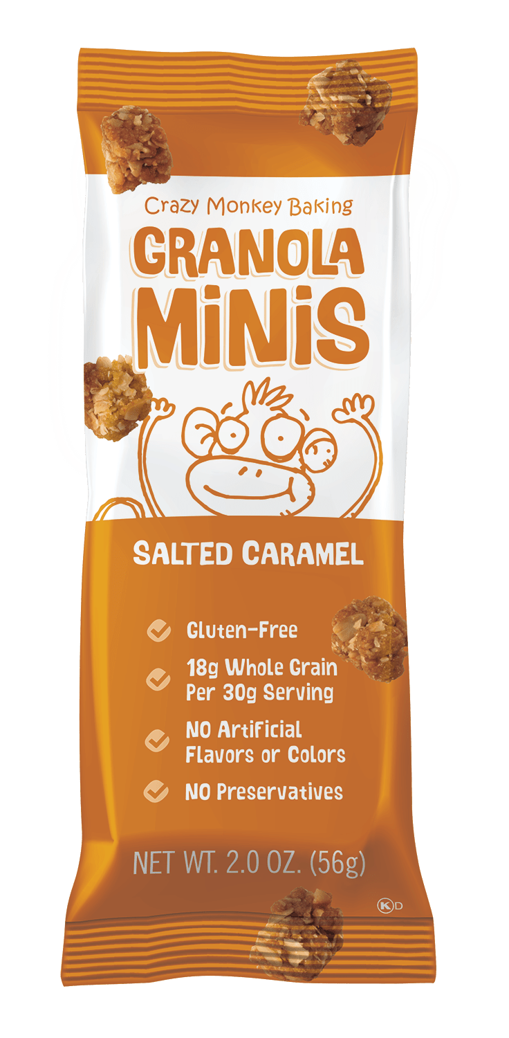 Crazy Monkey Baking Crazy Monkey Grab & Go 12-Pack Granola with salted caramel flavor in resealable packs.