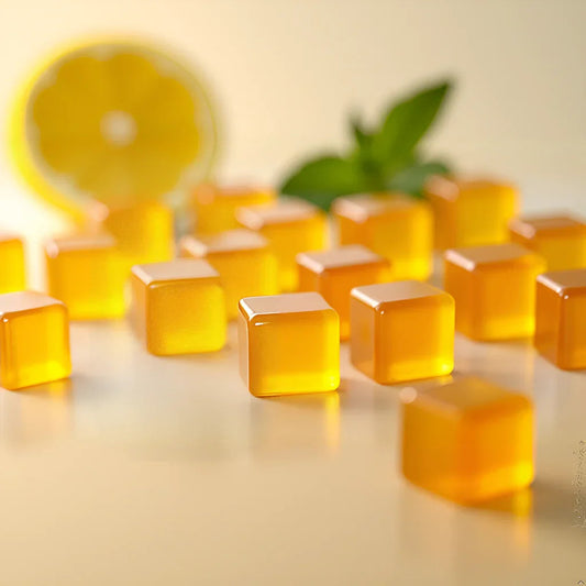 Essential Candy Peppermint Mandarin Botanical Lozenges hard candy in a clear wrapper with colorful label and round shape.