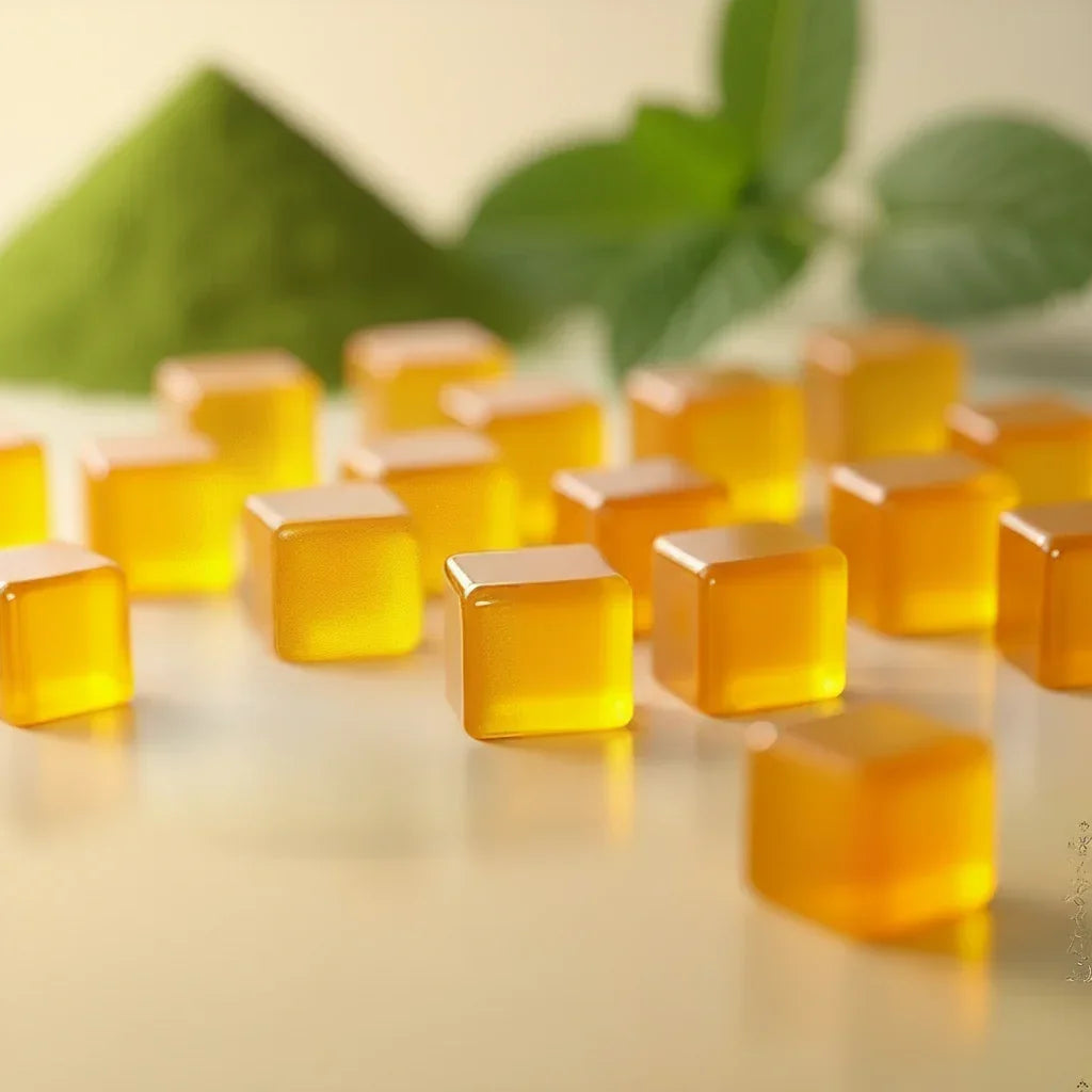 Essential Candy Zing Energy herbal supplement lozenges in colorful packaging with fresh botanical ingredients visible.