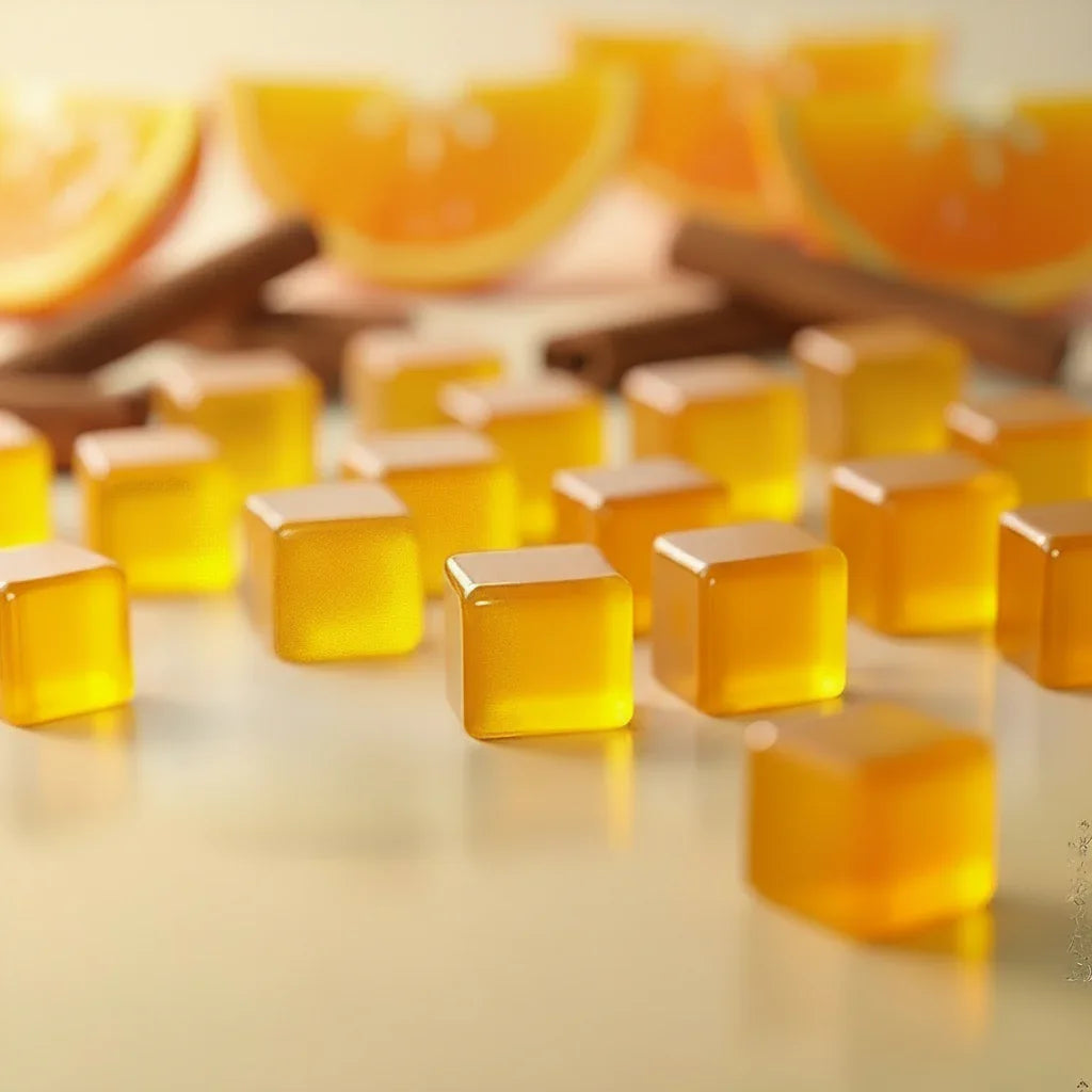 Essential Candy Orange Cinnamon Botanical Lozenges hard candy with orange and cinnamon flavors in a colorful wrapper and display.