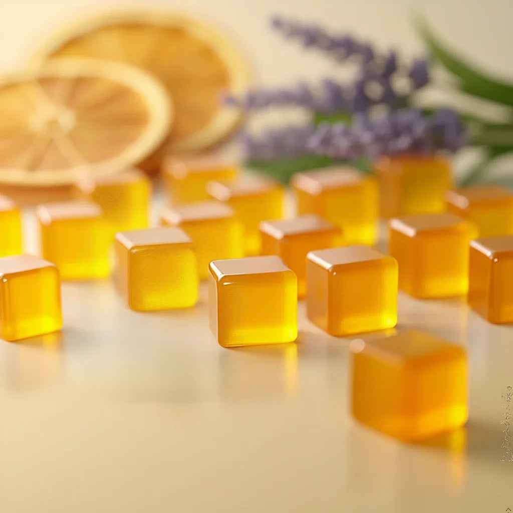 Botanical Herbal Lozenges by Essential Candy Uplifting™ with natural ingredients, displayed in a clear container on a creative studio background.